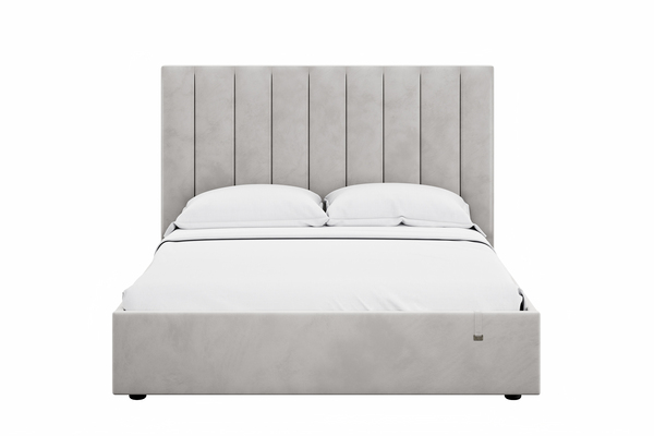 Спальня Дакота композиция 1 меренга, белый, с кроватью Ингрид/Ingrid 160 велюр ультра смог/ultra smoke, пуф Альба 450 велюр ультра смог/ultra smoke