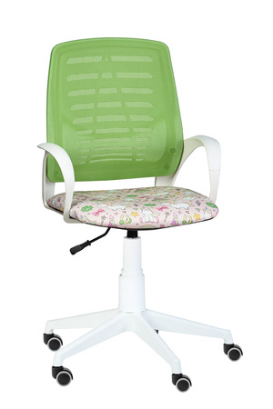 Кресло на колесах Ирис белый каркас, обивка сидушка - ткань саржа единороги, спинка салат,  подлокотники пластик, крестовина пластик, без качания