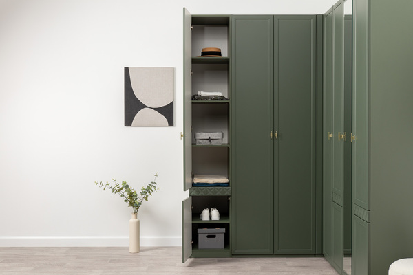 Шкаф-пенал Марион 16.340.01 дымчатый зеленый K521, олива шагрень AG 1050 ПВХ (собирается на любую сторону)