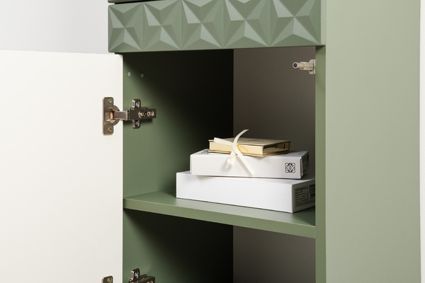 Гостиная Марион композиция 1 дымчатый зеленый K521, олива шагрень AG 1050 ПВХ, белый PE шагрень (собирается на любую сторону)