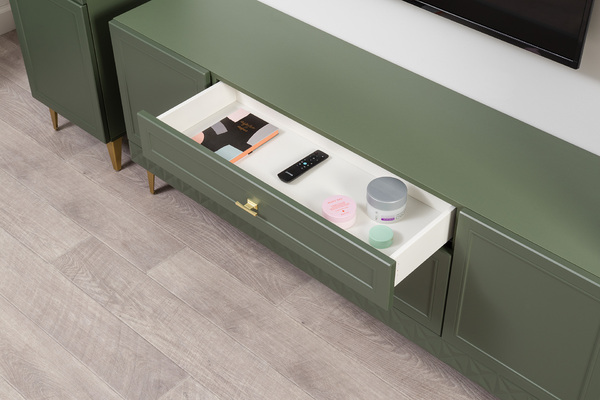 Гостиная Марион композиция 1 дымчатый зеленый K521, олива шагрень AG 1050 ПВХ, белый PE шагрень (собирается на любую сторону)