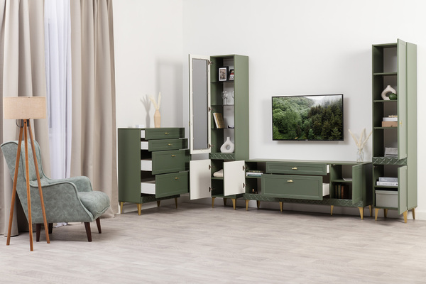 Гостиная Марион композиция 2 дымчатый зеленый K521, олива шагрень AG 1050 ПВХ, белый PE шагрень (собирается на любую сторону)