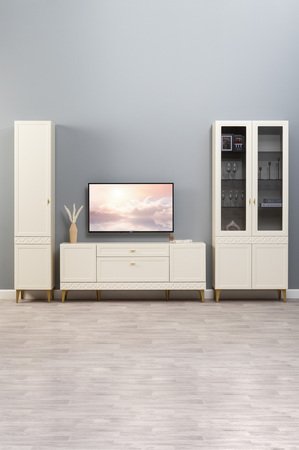 Гостиная Марион композиция 3 слоновая кость С341 PE, слоновая кость 6898 ПВХ, белый PE шагрень (собирается на любую сторону)