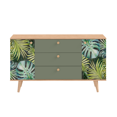 Комод Маттиас 16.245 дымчатый зеленый K521, гикори рокфорд натуральный KO86 PW, белый PE шагрень, фотопечать