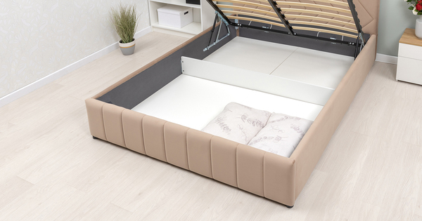 Кровать Милана 160 велюр бежевый кофейный с ортопедическим основанием и подъемным механизмом