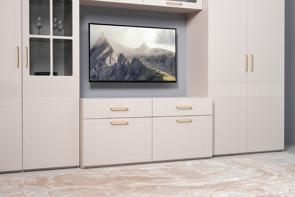 Гостиная Ричфорд композиция 1 с карнизами, кашемир 5981 BS, моно керамика D166-2 ПВХ, белый PE шагрень (собирается на любую сторону)